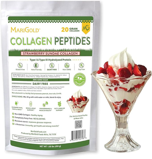 MariGold Grass-fed Collagen Peptides Powder Strawberry 1LB - 100% Pure,