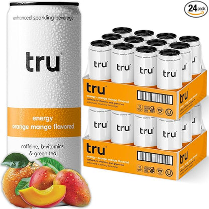 Tru Energy Seltzer, Orange Mango Flavored Sparkling Water Made with Real Fruit Juice - Clean Energy Drink plus B Vitamins - Natural Caffeine, Kosher, GF, No Added Sugar Beverages, 12oz (Pack of 24)
