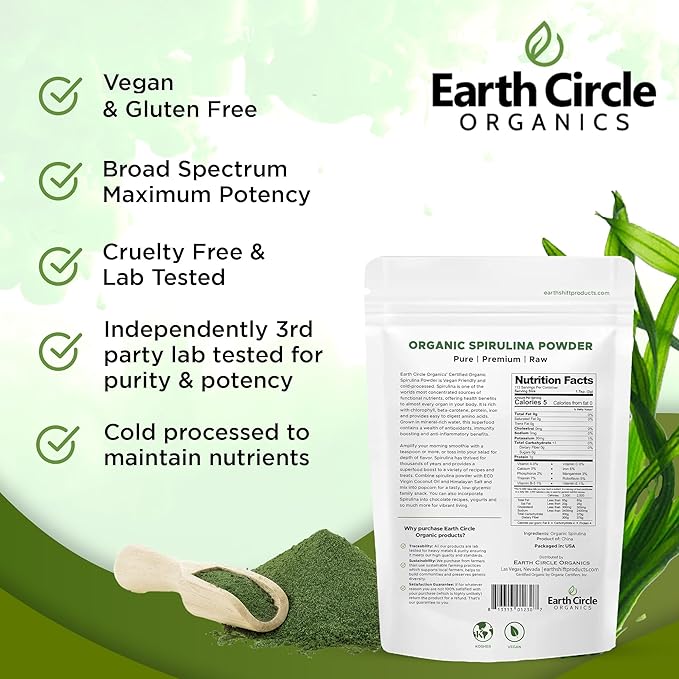 Earth Circle Organics Spirulina Powder, Kosher, Raw and Non-Irradiated | Pure Vegan Protein | Premium Energy Superfood, High in Amino Acids and Antioxidants - (8oz - 2Pack)