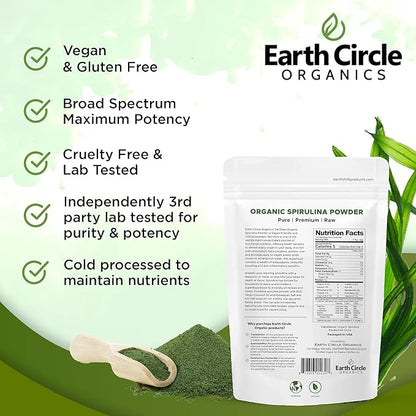 Earth Circle Organics Spirulina Powder, Kosher, Raw and Non-Irradiated | Pure Vegan Protein | Premium Energy Superfood, High in Amino Acids and Antioxidants - (8oz - 2Pack)