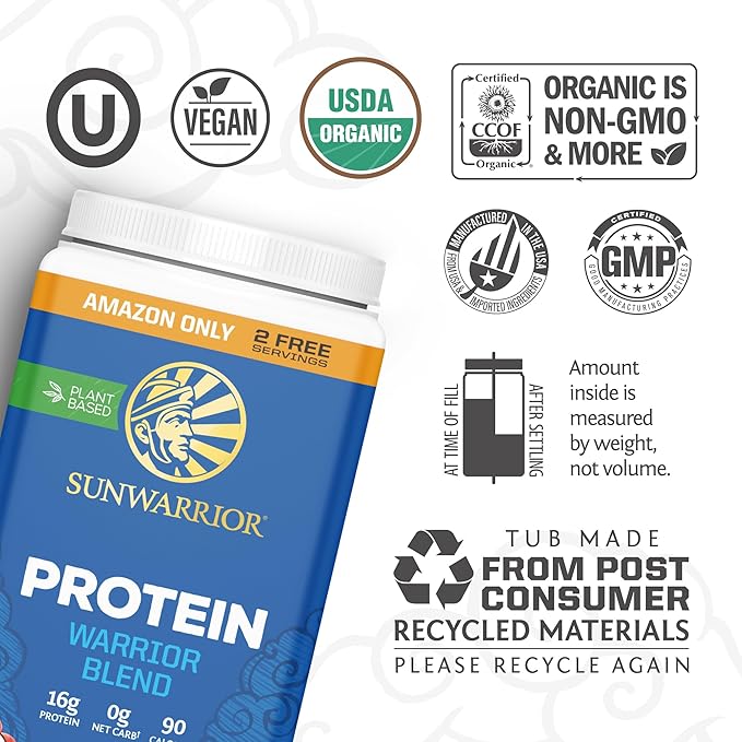 Sunwarrior Vegan Protein Powder Plant-Based USDA Organic | BCAA Amino Acids Hemp Seed | Keto Friendly Soy, Dairy, Gluten, & Synthetic Free Non-GMO | Chocolate 32 Servings 16g