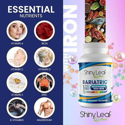 Shiny Leaf Bariatric Multivitamin with Iron - 45mg Iron, 180 Capsules, Post WLS Support, for Gastric Sleeve, Bypass and Mini Bypass, High Potency Daily Vitamins, for Women and Men,6 Months Supply