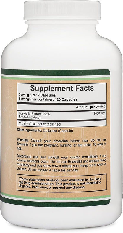 Boswellia Serrata - 240 Capsules (Max Strength 1,000mg of 65% Boswellic Acid Extract) Boswellia Extract Capsules (Joint Support Supplement for Joint Health) Third Party Tested by Double Wood