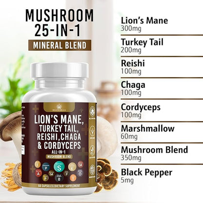 Mushroom Supplement with Turkey Tail 2000mg Reishi 1000mg Cordyceps Chaga 1000mg with Marshmallow Root - 60 Count