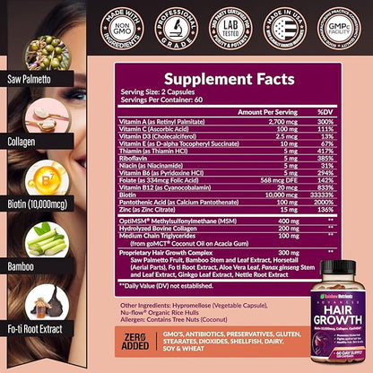 Hair Growth Vitamins for Women 10,000mcg, Collagen, 60 Day
