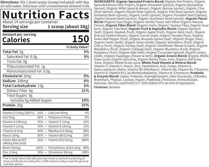 Garden of Life Meal Replacement Shakes, Vegan Protein Powder, Raw Organic Protein Powder, Lightly Sweet Protein Powder with Plant Based Pea Protein, Sprouts, Greens, Probiotics, Dairy Free 14 Servings