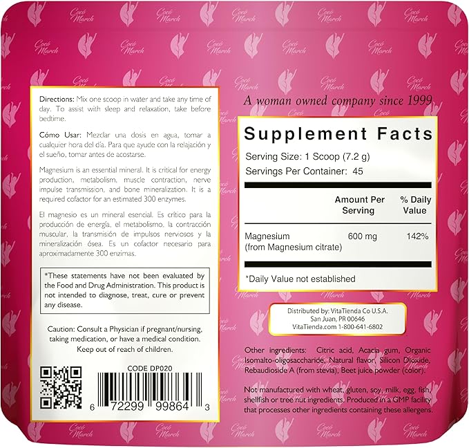 Coco March Pink Magnesium Powder - Promotes Sleep, Relaxation and Healthy Brain Function, Strawberry Flavor - Free from: Gluten, Dairy, GMOs, Soy, Vegan, Keto Friendly - 45 Day Supply