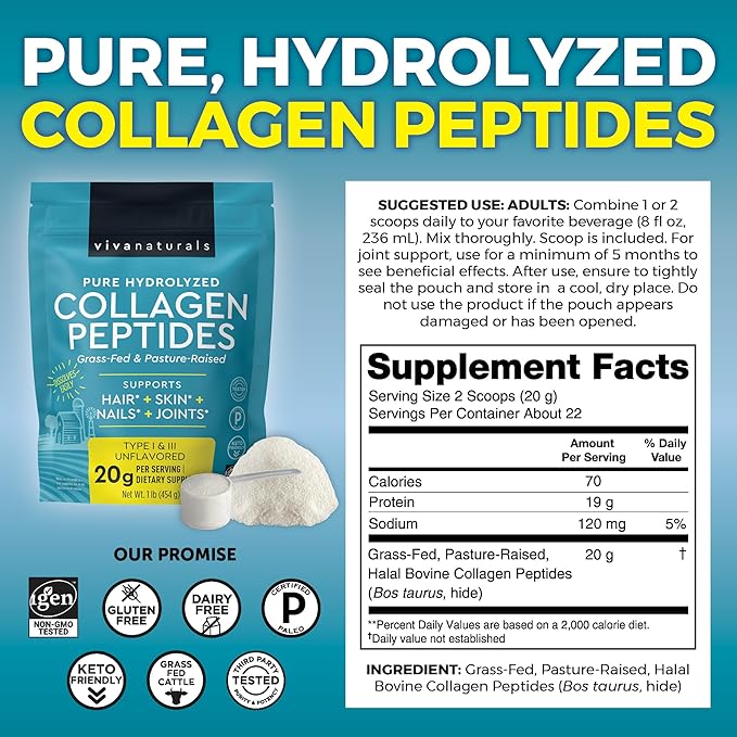 Viva Naturals Hydrolyzed Collagen Peptides Powder 1 lb
