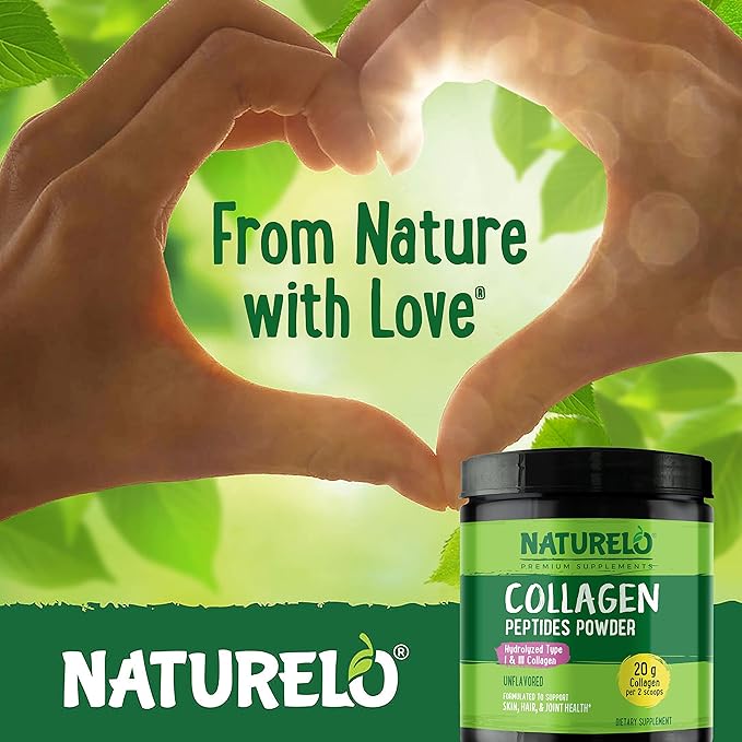 NATURELO Collagen Peptide Powder, Hydrolyzed Collagen 16 Ounces 45 Servings