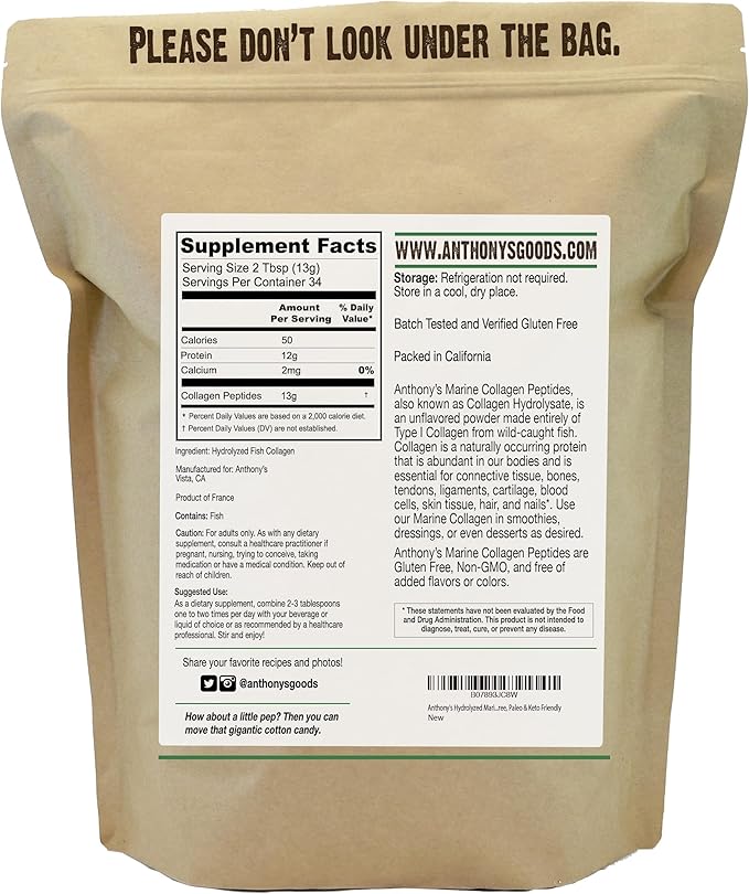 Anthony's Hydrolyzed Marine Collagen Peptides, Gluten-free, 1-pound