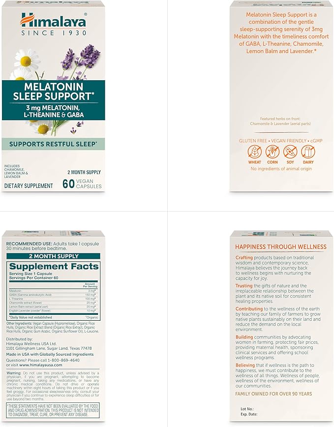 Himalaya Melatonin Sleep Support with GABA, 3mg for 60 Capsules, 2 Month