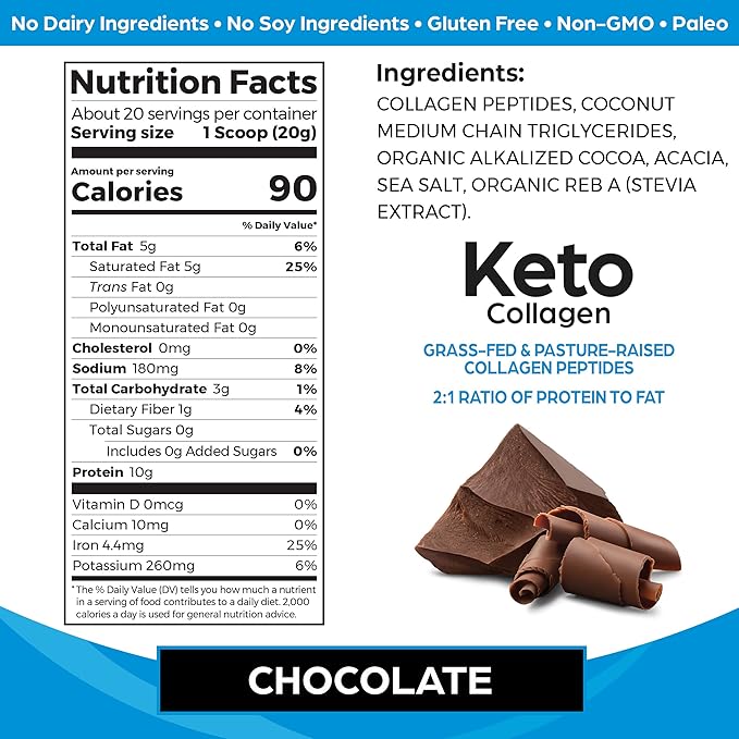 Orgain Keto Collagen Protein Powder, Chocolate 10g Grass 5g MCT 0.88lb