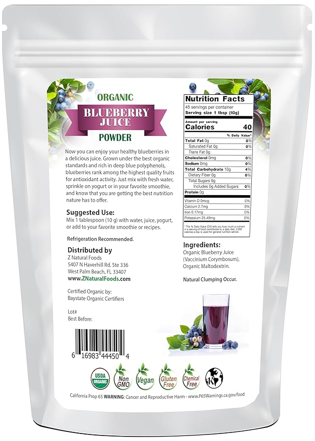 Organic Blueberry Juice Powder - Superfood Berry Antioxidant Supplement - Mix In Drinks, Shakes, Smoothies, Muffins, Cooking, & Baking Recipes - Non GMO, Gluten Free, Vegan, Kosher - 1 lb