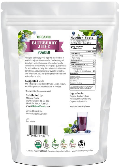 Organic Blueberry Juice Powder - Superfood Berry Antioxidant Supplement - Mix In Drinks, Shakes, Smoothies, Muffins, Cooking, & Baking Recipes - Non GMO, Gluten Free, Vegan, Kosher - 1 lb