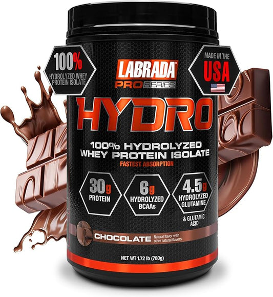 Labrada HYDRO 100% Pure Hydrolyzed Whey 6g BCAA’s, 4.5g Glutamine, 20 Servings(Chocolate)