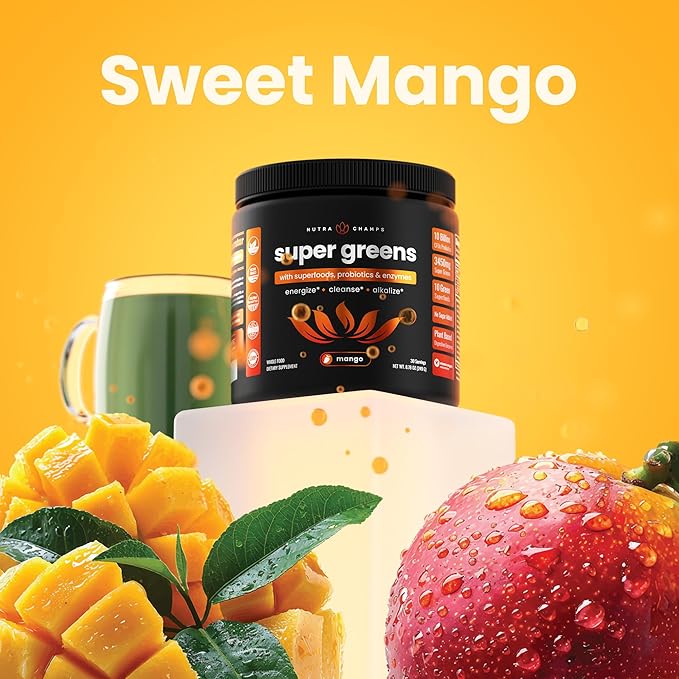 NutraChamps Super Greens Powder Premium Superfood | 20+ Organic Green Veggie Whole Foods | Wheat Grass, Spirulina, Chlorella | Antioxidant, Digestive Enzyme & Probiotic Blends (9.0 OZ, Mango)