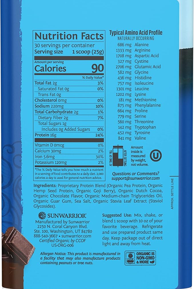 Sunwarrior Vegan Protein Powder Plant-Based Protein Organic | BCAA Amino Acids Hemp Seed Soy & Dairy Free, Gluten & Synthetic Free Non-GMO | Chocolate 30 Servings | WarriorBlend