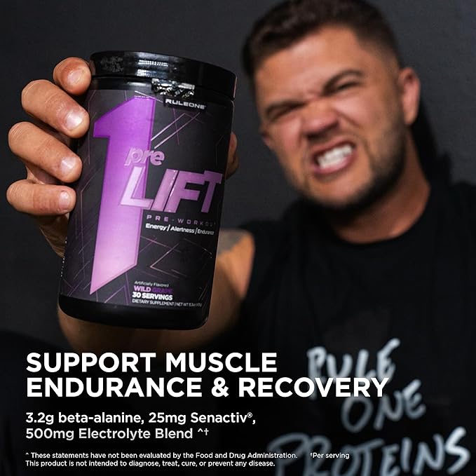 Rule 1 preLIFT Pre-Workout, 6g Citrulline, 3.2g Beta Alanine, 3 Caffeine Sources + 20 Others for Energy, Alertness, & Endurance (30 Servings, Wild Grape)