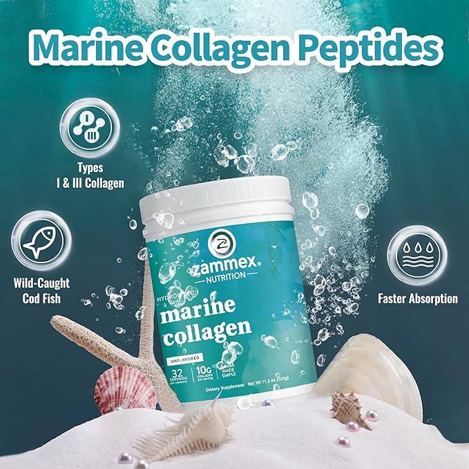 Zammex Marine Collagen Peptides Powder Unflavored, 1 & 3 Collagen (32 Servings)