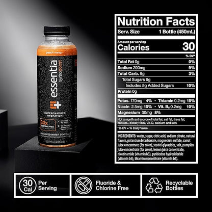 NEW Essentia Hydroboost Enhanced Bottled Water, 15.2 fl. oz. (450 mL), 12 Pack, Peach Mango, Hydrolyte Blend with B-Complex Vitamins and Electrolytes, Clean Taste & Supercharged Hydration