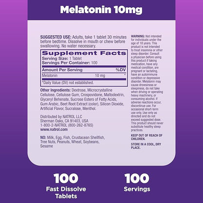 Natrol Fast Dissolve Melatonin 10 mg, Melatonin Supplements for Restful Sleep, Sleep Support for Adults, 100 Strawberry-Flavored Tablets, Up to a 100 Day Supply