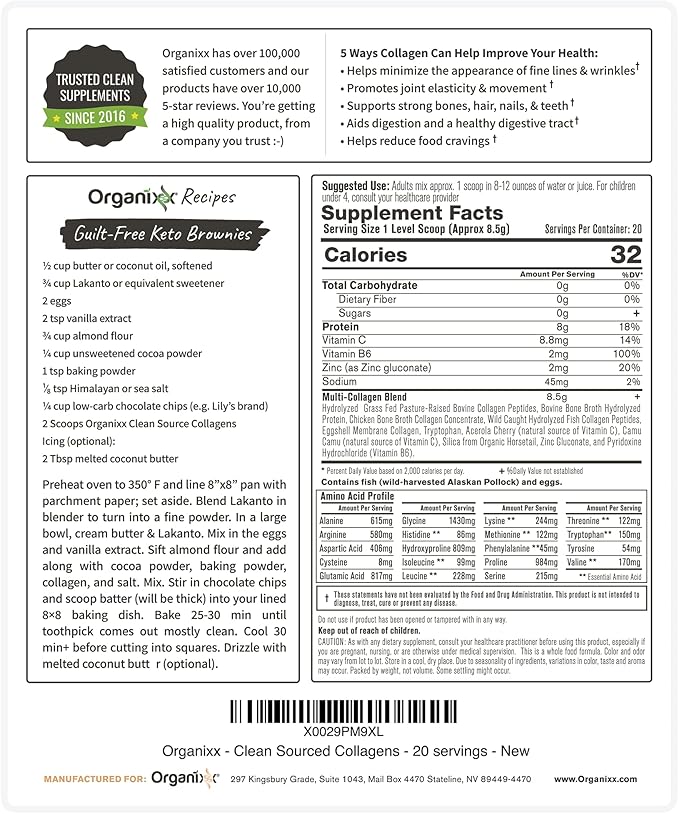 Organixx Clean Sourced Collagen Powder, Hydrolyzed 20 Servings