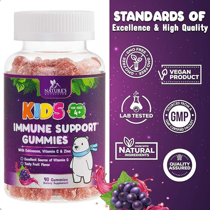 Kids Immune Support Gummy - Vitamin C, Zinc & Echinacea, Daily Children's Immune Support Gummies for Kids Ages 4 and Up, Nature's Vitamins for Kids, Vegan & Non-GMO, Natural Berry Flavor - 90 Gummies