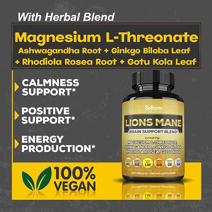Lions Mane Supplement Capsules with Magnesium 210 Vegan
