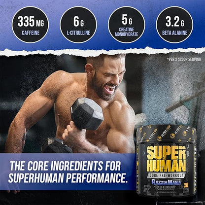 ALPHA LION Core Pre Workout w/Creatine for Performance, Beta Alanine for Muscle, Powder, L-Citrulline for Pump & Tri-Source Caffeine for Sustained Energy (30 Servings, Blue Raspberry Flavor