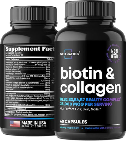 Biotin Capsules with Collagen and Keratin 25000MCG Per 60 Caps
