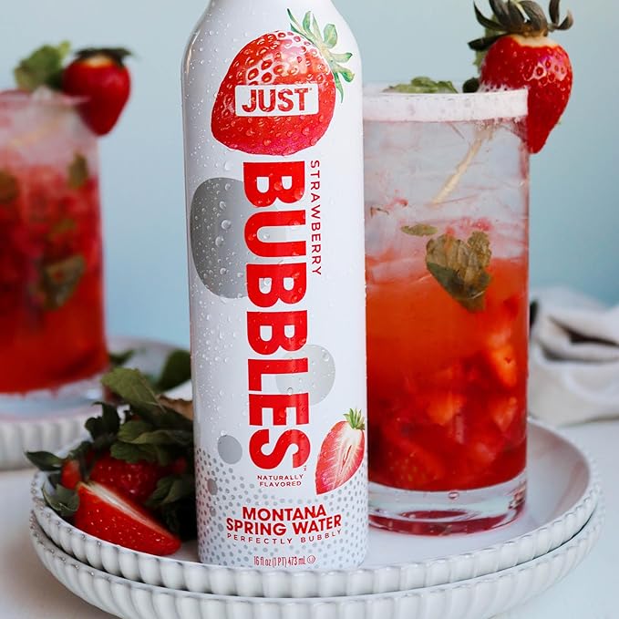 JUST Bubbles Strawberry- Pure Premium Sparkling Spring Water in a Fully Recyclable Reusable Eco-Friendly Bottle - 100% Mountain-Sourced Carbonated Water with Naturally Occurring Minerals, 16 Fl Oz