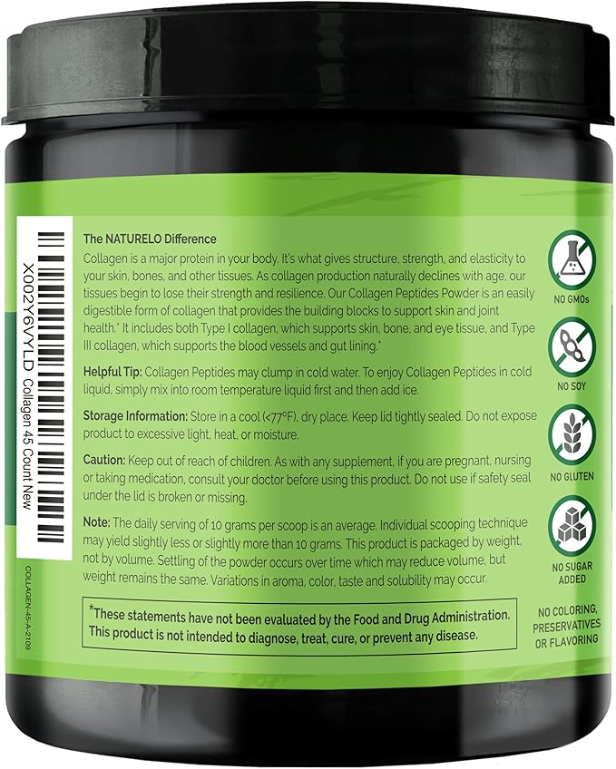 NATURELO Collagen Peptide Powder, Hydrolyzed Collagen 16 Ounces 45 Servings