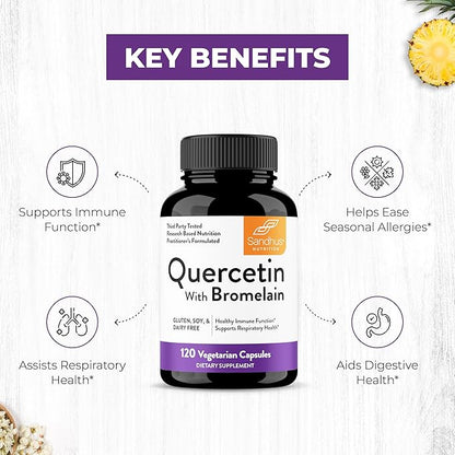 Sandhu's Quercetin with Bromelain Supplement - 1000mg Per Serving 120 Vegetarian Capsules - Bioflavonoids Quercitin Complex for Immune Support & Respiratory Health