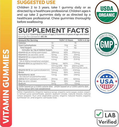 USDA Organic Kids Vitamin Gummies (Non-GMO) Yummy Natural Fruit Flavors - Complete Kids Multivitamin Gummies: Vitamin C, D, B, A, Zinc - Supplement for Energy, Mood, Immune Support - 60 Gummy Vitamins