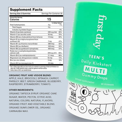 FIRST DAY Multivitamin Gummies Bundle for Kids & Teens – Vitamins A, B, C, D & K + Folate, Magnesium, & Zinc – Made w/Organic Fruits & Veggies, Only 2g Sugar – 2-Pk, 30 Day Supply Each