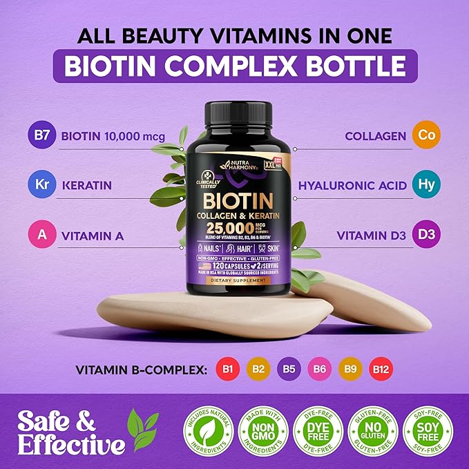 Biotin | Collagen | Keratin - 25000 mcg B2 | B3 | B6 | B7 - 120 Capsules