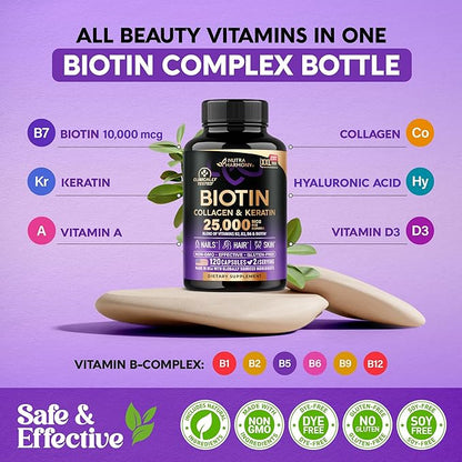 Biotin | Collagen | Keratin - 25000 mcg B2 | B3 | B6 | B7 - 120 Capsules