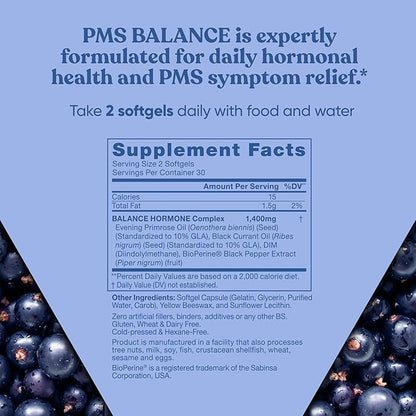 Balance PMS Vitamins for Women - Hormone Balance for Women, Menstrual & PMS Relief - Bloating, Cramping, Mood Swings, Restlessness, Clear Skin - Primrose Oil, Black Seed Oil & DIM - 60 Liquid Softgels