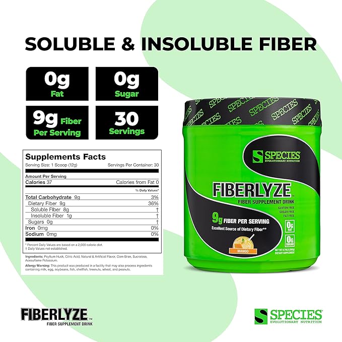 Species Nutrition Fiberlyze Fiber Supplement, Psyllium 30 Servings)