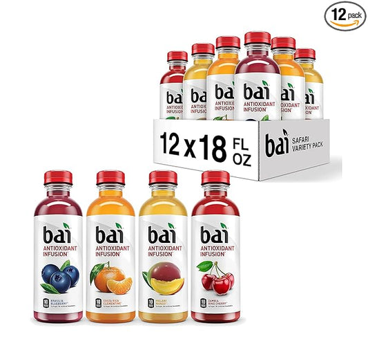 Bai Flavored Water, Safari Variety Pack, Antioxidant Infused Drinks, 3 Each of Brasilia Blueberry, Costa Rica Clementine, Malawi Mango, Zambia Bing Cherry,18 Fl Oz Bottles (Pack of 12)(Package may vary)