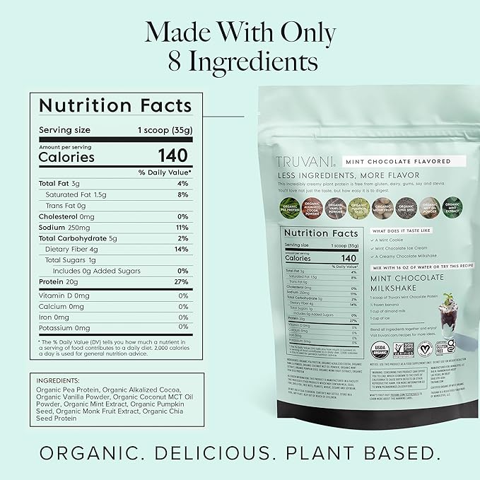 Truvani Vegan Pea Protein Powder | Mint Chocolate | 20g Organic Plant Based Protein | 20 Servings | Keto | Gluten & Dairy Free | Low Carb | No Added Sugar