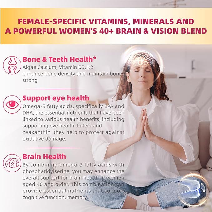 Multivitamin for Women Gummies for 40+ Omega-3,Niacinamide,B-Complex,Lutein,Iron,Choline, Phosphatidylserine,Vitamin D3 for Free,120 Count