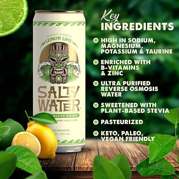 SaltyWater Electrolyte Drink, Lemon Lime – Zero Sugar Premium Hydration Drink, 10 Calories, Minerals, Taurine, B-Vitamins, Non-Carbonated - Zero Caffeine Electrolyte Sports Drink - Keto, Paleo, Vegan - 12 Pack (12 oz)