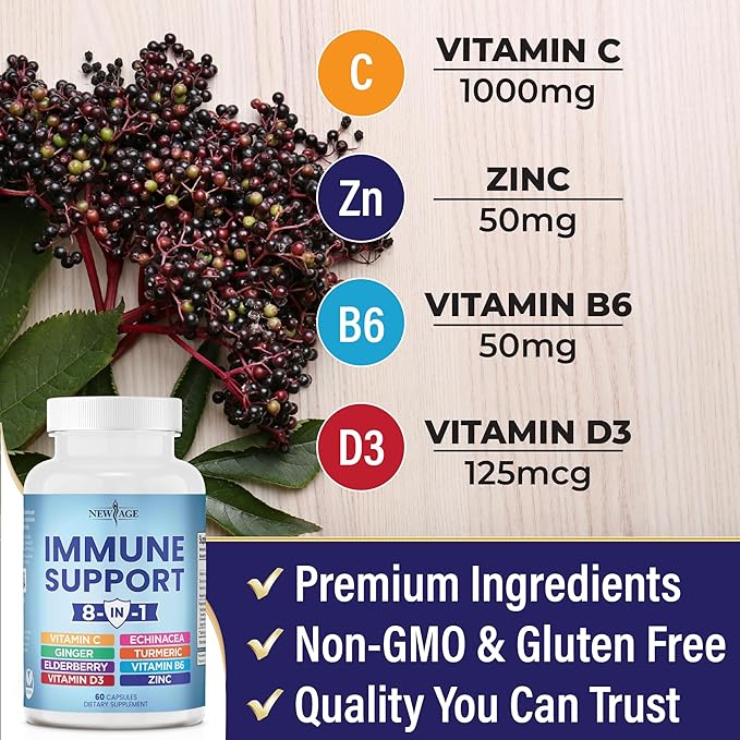 8 in 1 Immune Support Booster 50mg, Vitamin 5000 IU, B6, Elderberry 60 Count 1)