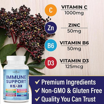 8 in 1 Immune Support Booster 50mg, Vitamin 5000 IU, B6, Elderberry 60 Count 1)
