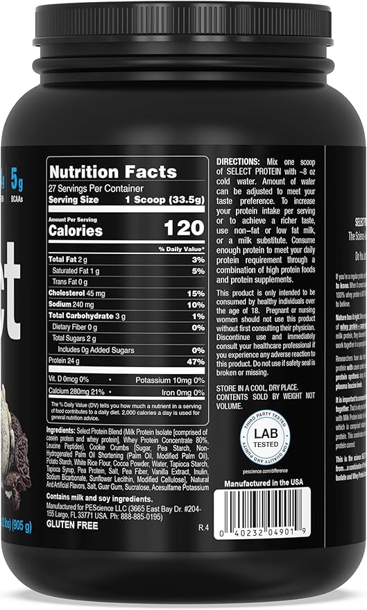 PEScience Select Low Carb Protein Powder, Cookies and Cream, 27 Serving, Keto Friendly and Gluten Free