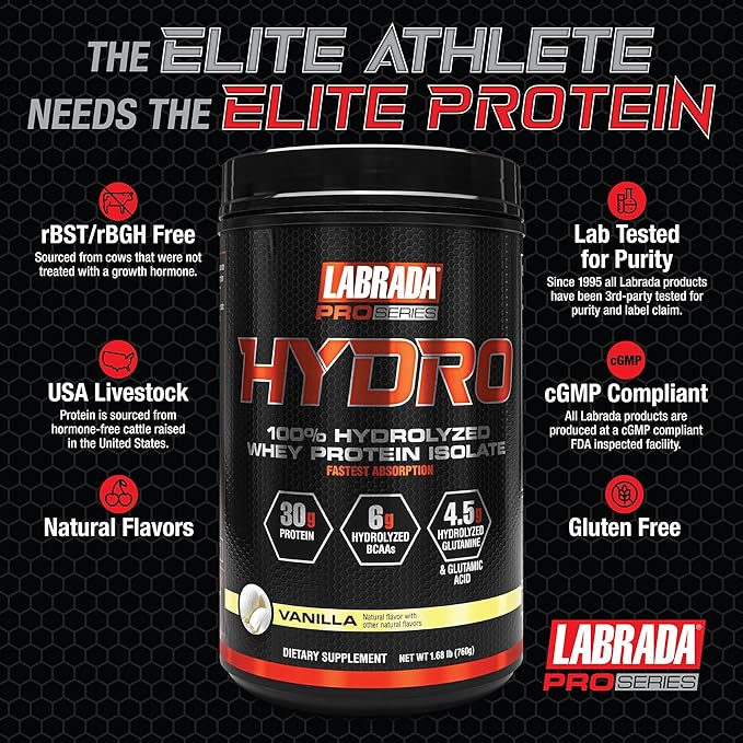 Labrada HYDRO 100% Pure Hydrolyzed Whey 6g BCAA’s, 4.5g Glutamine, 20 Servings