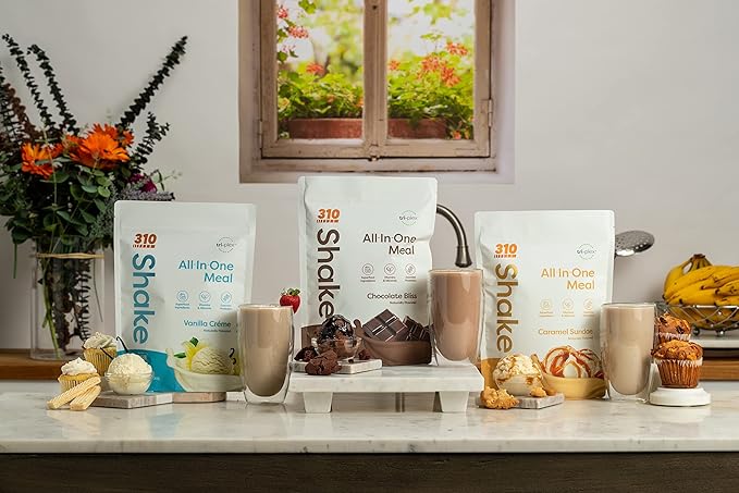 310 Nutrition – All-In-One Meal Replacement Shake Starter Kit - Fiber Rich Vegan Superfood Blend - Natural Sweeteners - Low Carb Shake, Keto & Paleo Friendly - Gluten Free - 26 Essential Vitamins & Minerals – 3 Flavors with Shaker Cup