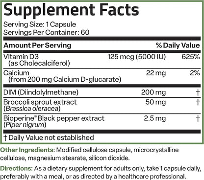 Bronson DIM Balance+ Calcium D-Glucarate, Broccoli Sprouts and Vitamin D3 200 MG of DIM per Capsule Supports Estrogen Metabolism and Balanced Hormone Levels Non-GMO, 60 Vegetarian Capsules