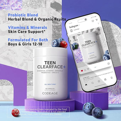 Codeage Teen Clearface Adolescent Face, Skin & Pimples, Vitamins A, C, D3, E, Pantothenic Acid, Niacin, Zinc Supplement Teenagers, Probiotics, L-Lysine, Omega-3, Oily Skin, Pores, Spots - 2 Pack